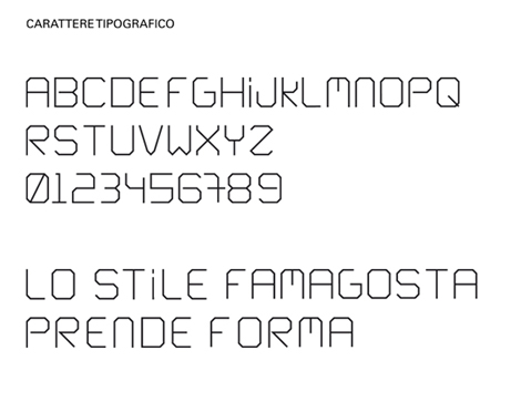Scheda del carattere tipografico realizzato per il sistema di segnaletica del palazzo Famagosta 75